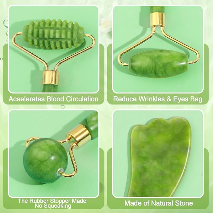 6Pcs Jade Roller for Face, Gua Sha Facial Tools for Women Natural Face Roller - Image 3