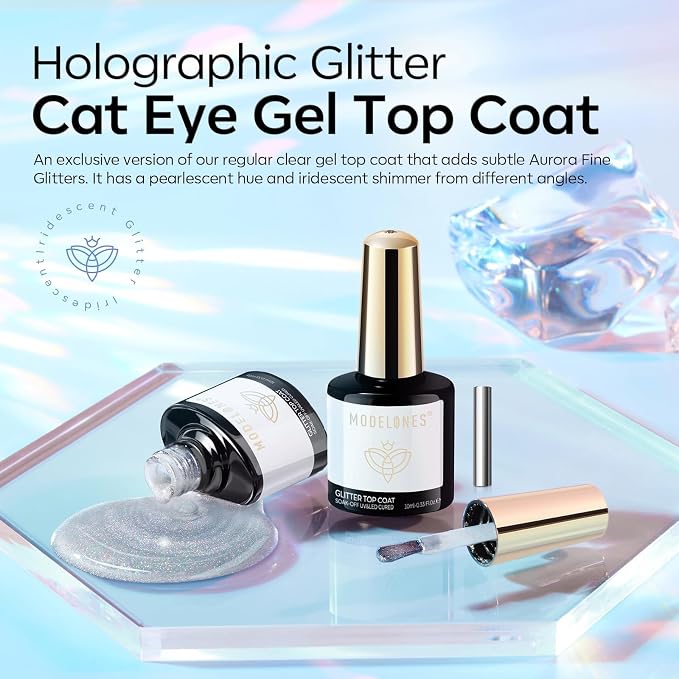 modelones Rainbow Cat Eye Gel Nail Polish Top Coat, 2-in-one 9D Glitter Clear - Image 9