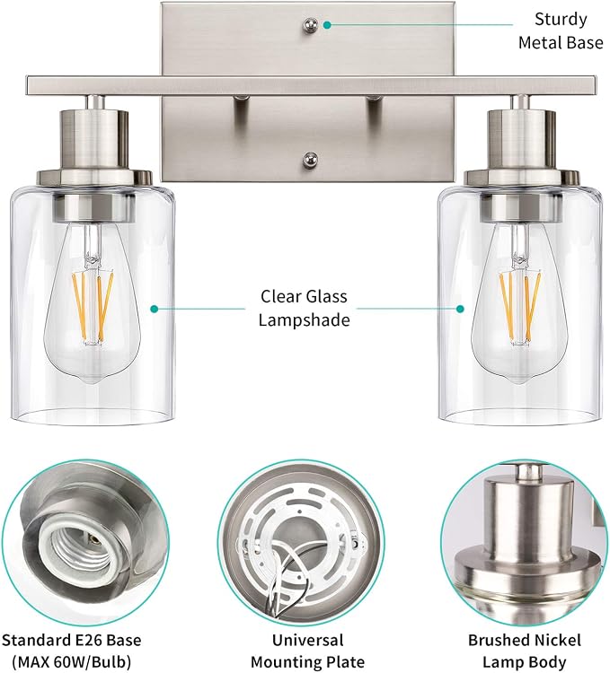 ShineTech 2-Light Bathroom Vanity Light Fixture, Brushed Nickel Bathroom Light - Image 7
