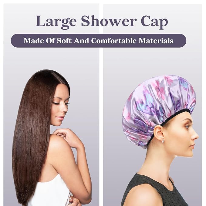Purple Butterfly Print Satin Shower Cap, Three-Layer Terry Cloth Lined - Image 7