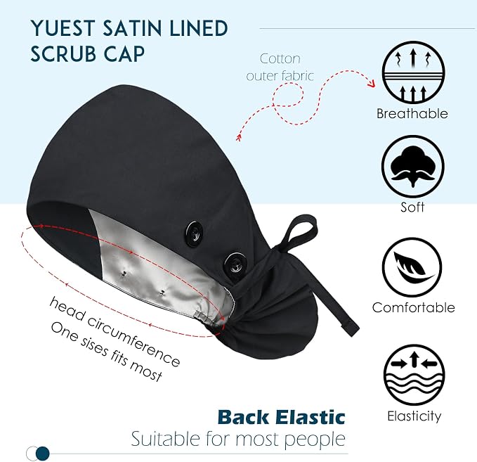 Satin Lined Scrub Caps with Buttons & Sweathand, Surgical Caps - Image 2