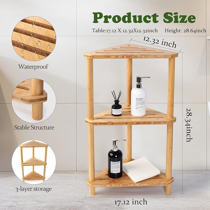 Bamboo Corner Shower Caddy Stand 3-Tier Waterproof, Free Standing Bathroom - Image 3