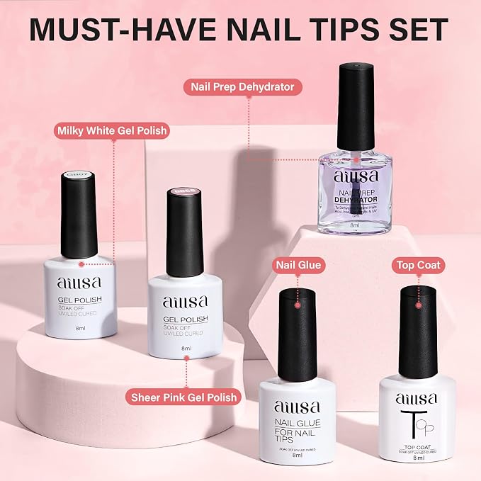 AILLSA Almond Nail Kit with U V Lamp 240pcs Short Gel Nail Tips and Glue Gel - Image 2