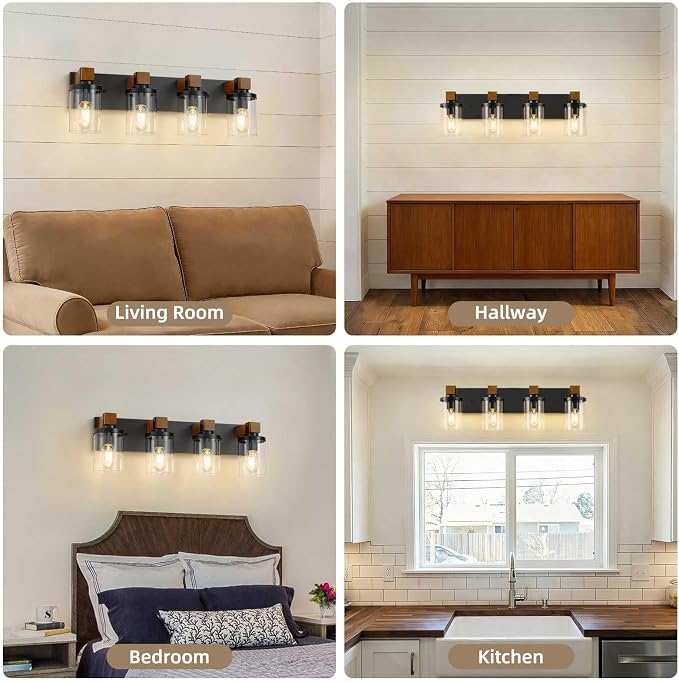 4-Light Farmhouse Bathroom Light Fixtures, Wood Matte Black Vanity Lights Over - Image 7