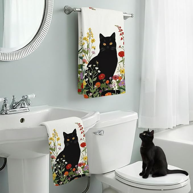 Accnicc 2 Pack Black Cat Bathroom Hand Towels Decorative Spring Floral Dish - Image 3