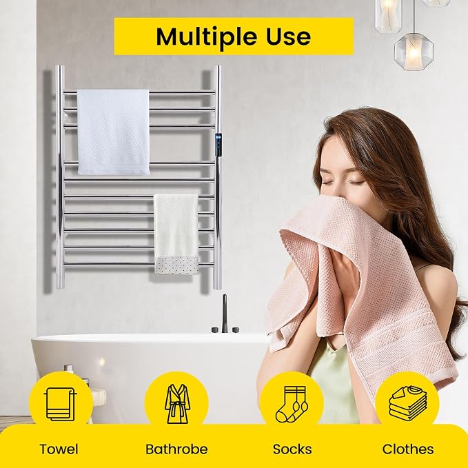 10-Bars Silver Heated Towel Rack–23" Wall Mounted Towel Warmer - Image 6