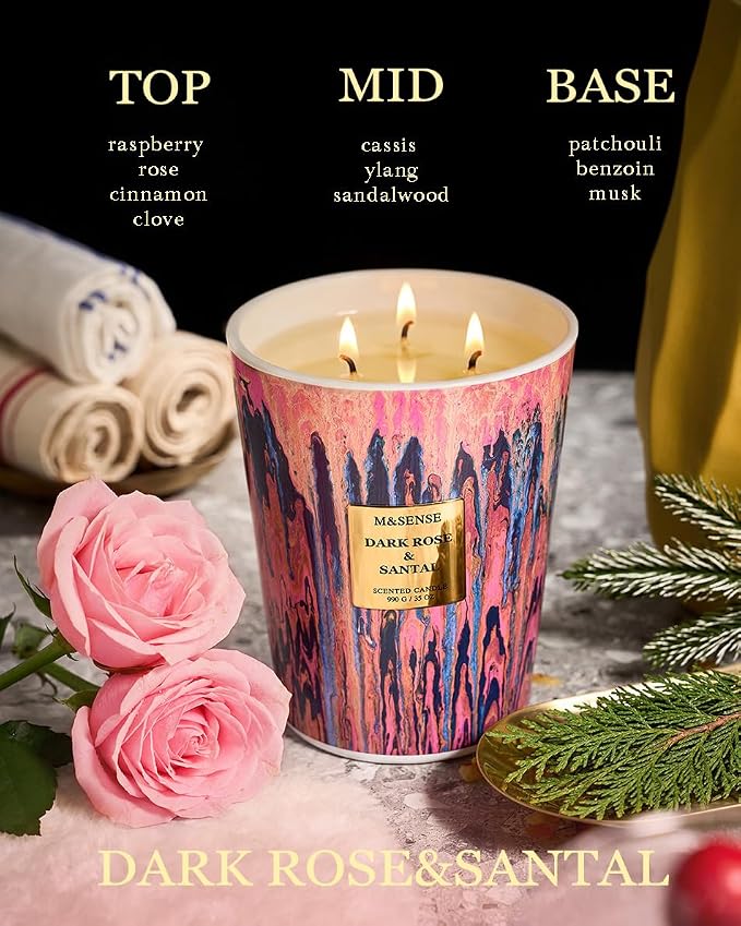 M&SENSE 3-Wick Dark Rose Large Soy Scented Candle, 35oz 150H Non-Toxic Luxury - Image 3