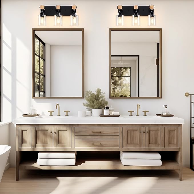 Licperron Farmhouse 3-Lights Wood Bathroom Vanity Light, Rustic Black Bathroom - Image 8