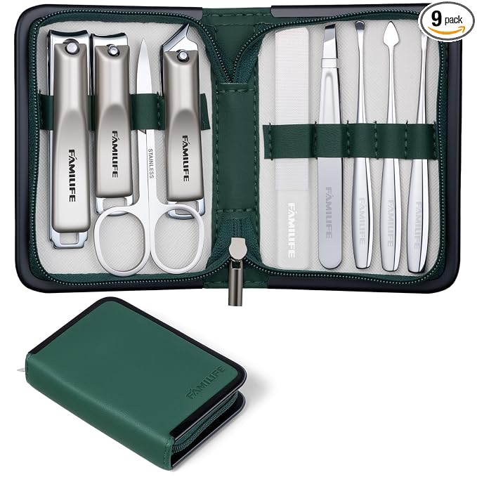 FAMILIFE Manicure Kit for Women, Stylish Green Travel Manicure Set for Home by FAMILIFE