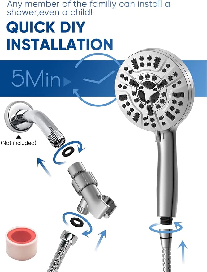 Pavezo® High Pressure Shower Head Handheld 5" Large, Extra Long 60" SS Hose - Image 6