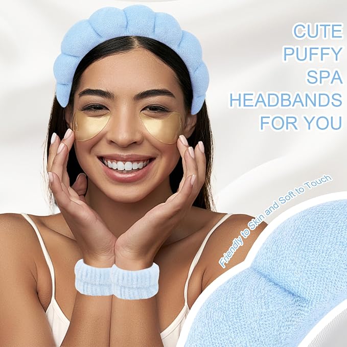 6Pcs Blue Spa Set, Skincare Wrist Washbands, Terry Cloth Headbands - Image 4