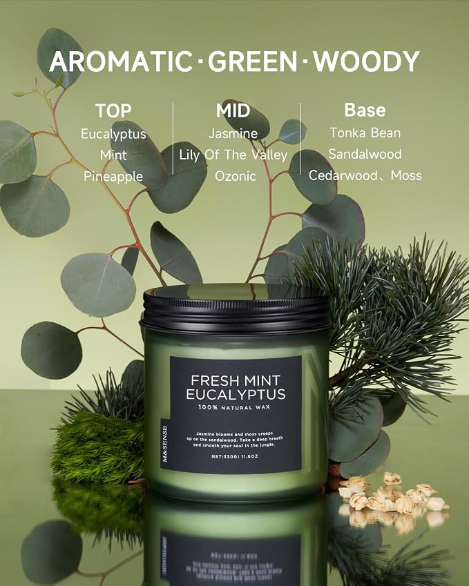 M&SENSE Eucalyptus & Mint Home Scented Candles, 11.6oz Organic Non Toxic Soy - Image 2