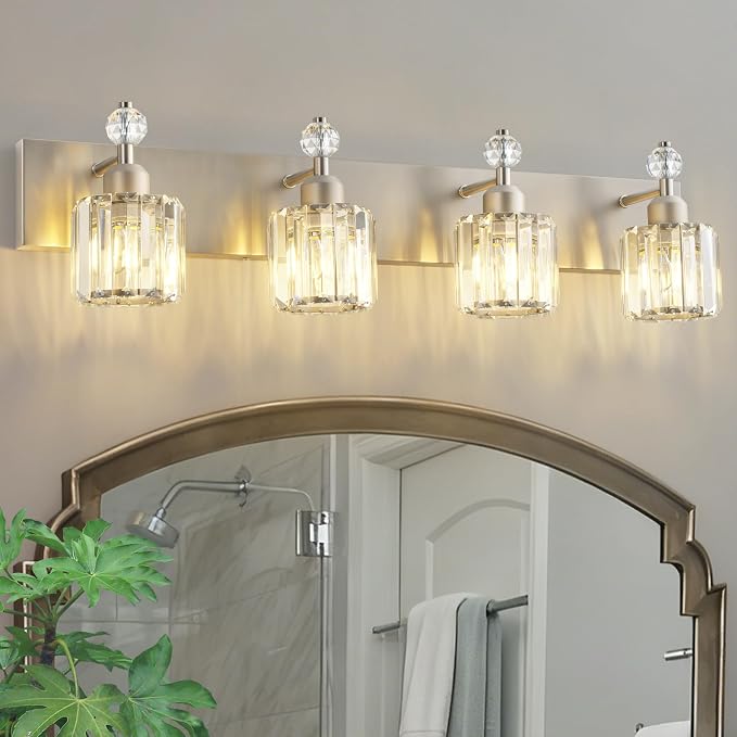 PRESDE 4-Light Brushed Nickel Vanity Light, Crystal Modern Bathroom Light Over by HOME