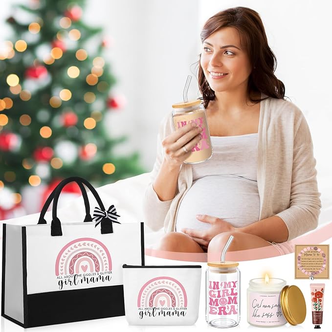 7 Sets Girl Mom Gifts for New Mom Gifts Tote Bag Makeup Bag Candle Bracelet Cup - Image 4