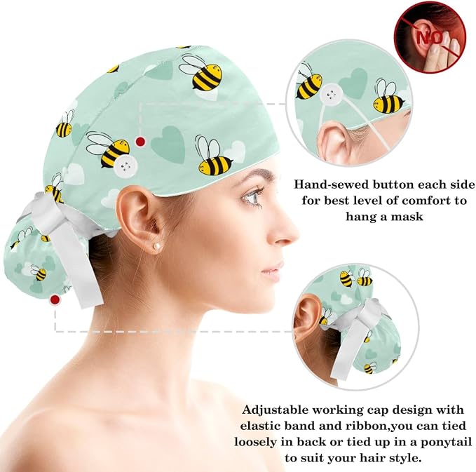 Women Working Cap with Buttons Bouffant Hat Autumn Leaves Nurse Scrub Caps Long - Image 3