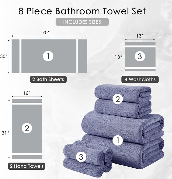 8 Piece Bath Towel Set |2 Oversized Large Bath Sheet, 2 Hand Towels, 4 - Image 5