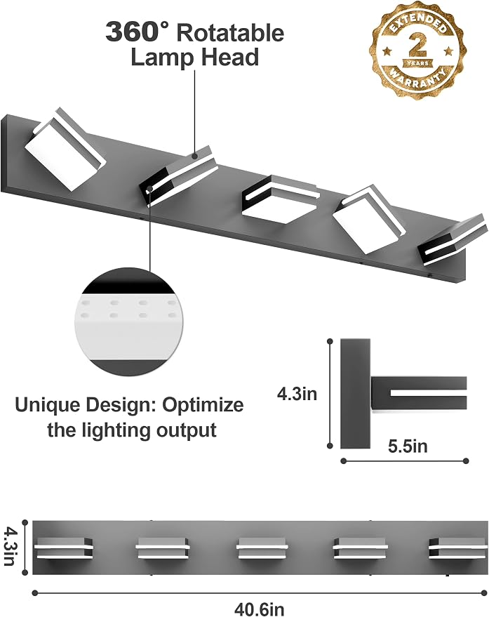 VOLISUN Modern 5-Light, 40-Inch Black Bathroom Vanity Light Fixtures, 360 - Image 4