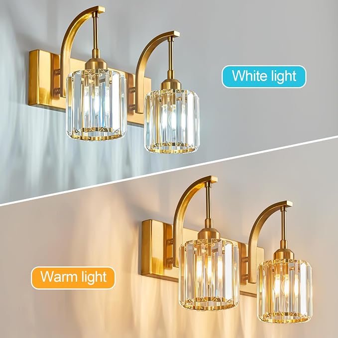 Bathroom Crystal Vanity Lights 2-Light Gold Wall Lamp Modern Crystal Bathroom - Image 2