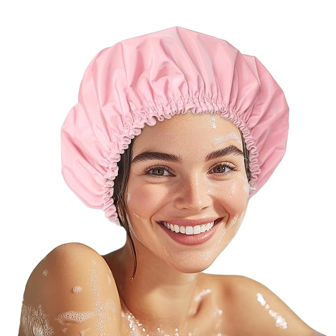 Shower Cap for Women, Double Layer Waterproof Bath Cap, Reusable Hair Protector by CHFONGDIRECT