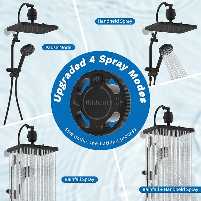 Hibbent 5-spray Dual Filtered Rainfall Shower Head Combo, High Pressure 13'' - Image 3
