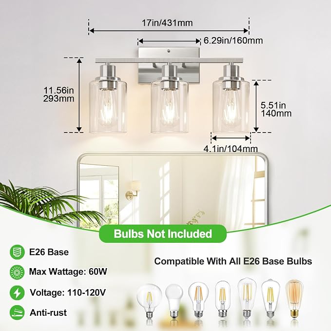 Indoi 3-Light Bathroom Light Fixtures, Brushed Nickel Vanity Lights - Image 8