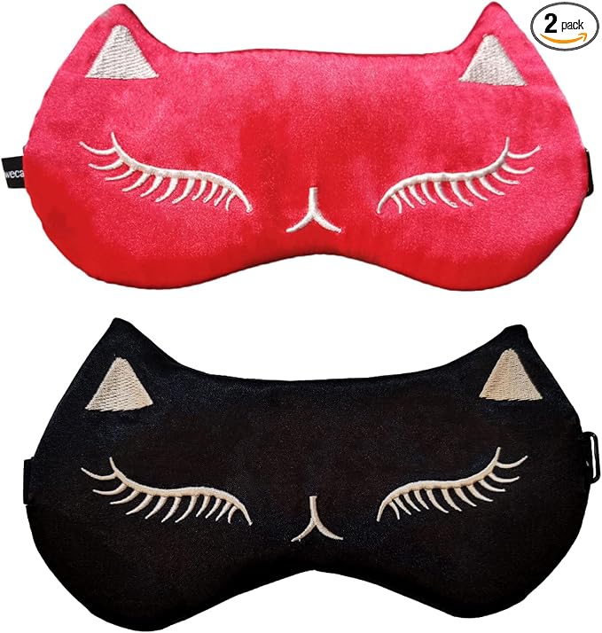 Cute Cat Sleep Mask for Kids, 2 Pack Silk Sleeping Eye Cover Adjustable Mask by Mukveitn