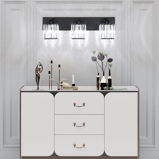 Aipsun Black Vanity Light Bathroom Lighting Fixtures 3 Light Crystal Modern - Image 4