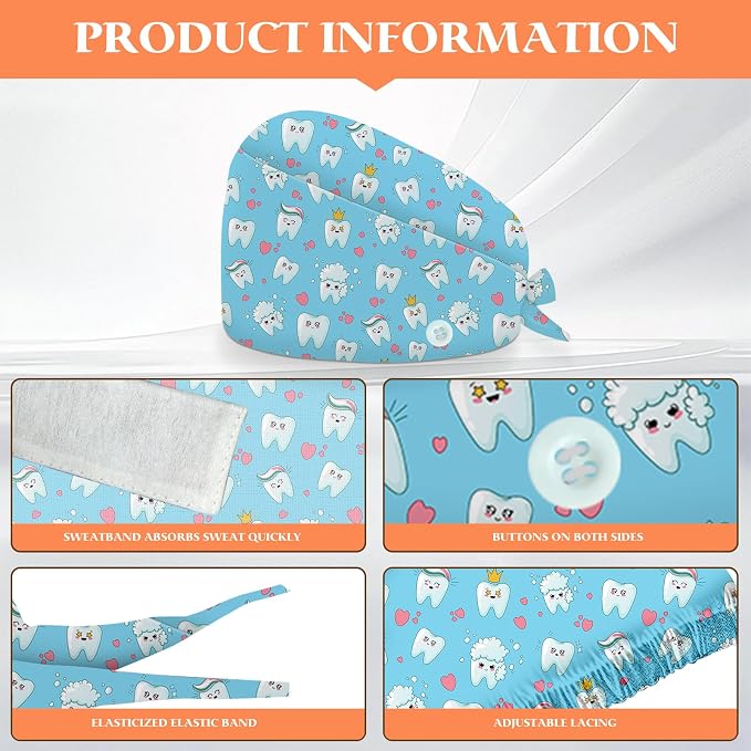 Adjustable Scrub Cap with Buttons & Sweatband, Working Hat with Elastic Tie Back - Image 2