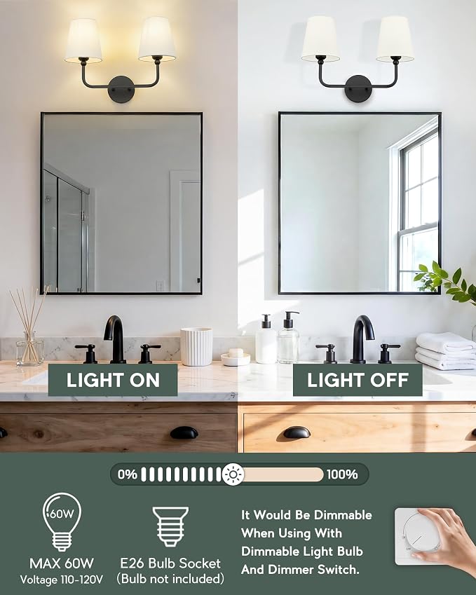 2-Light Bathroom Light Fixtures, Matte Black Vanity Lights, Double Wall Sconce - Image 4