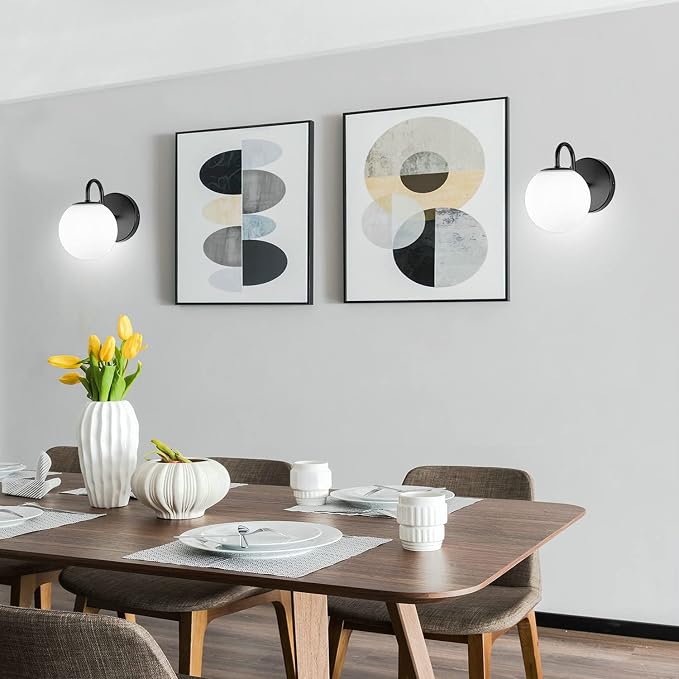 Industrial Bedroom Wall Sconce Black Indoor Wall Light Fixture Milk White Globe - Image 6
