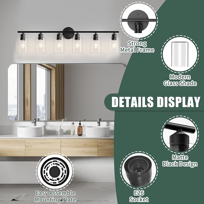 Espird 6 Lights Bathroom Vanity Light Fixtures Matte Black, Rustic Farmhouse - Image 3