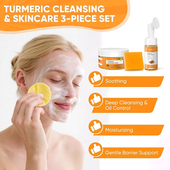 Turmeric Cleansing Pads 50 Pcs+Tumeric Soap Bar+Tumeric Face Wash - Image 6