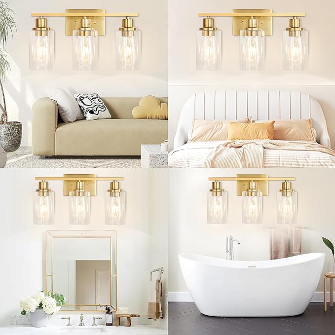 Gold Bathroom Wall Lights Brushed Brass 3-Light Vanity Light Fixtures Modern - Image 2