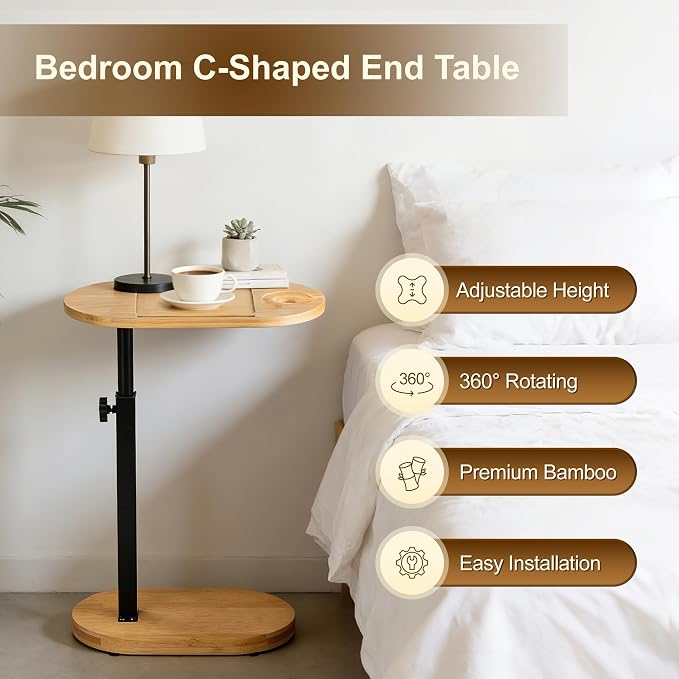 Bamboo Bathtub Side Table, 360° Swivel Height Adjustable Freestanding Bath - Image 5