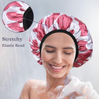 Hot Pink Cow Print Satin Shower Cap, Three-Layer Terry Cloth Lined, - Image 6