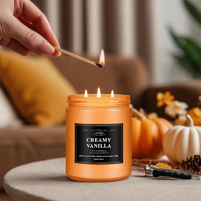 Auelife Scented Candle, Vanilla Pumpkin Candles – 22oz Large 3-Wick Holiday Soy - Image 5