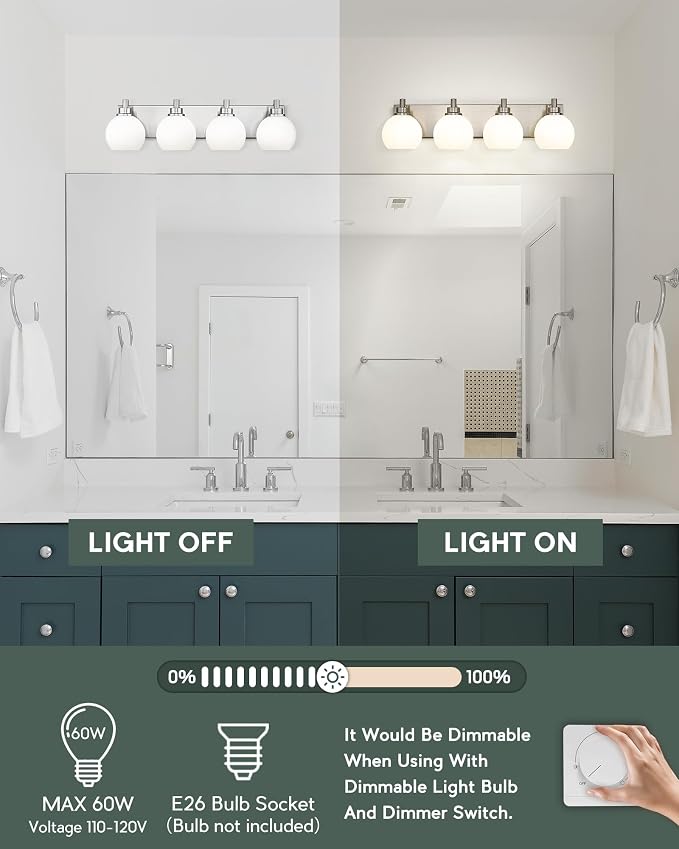 Bathroom Light Fixtures, 4 Light Brushed Nickel Vanity Light, 26 Inch Modern - Image 2