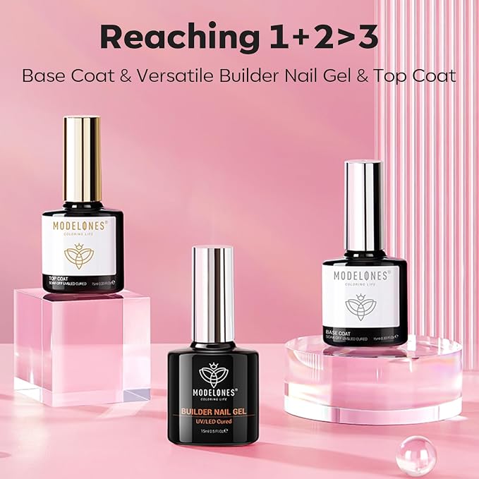 modelones Top Coat with Builder Nail Gel, Nude Pink Color Builder Top Nail Kit - Image 9