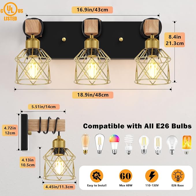 FadimiKoo Black and Gold Vanity Light, 3-Light Farmhouse Vanity Light, Bathroom - Image 2
