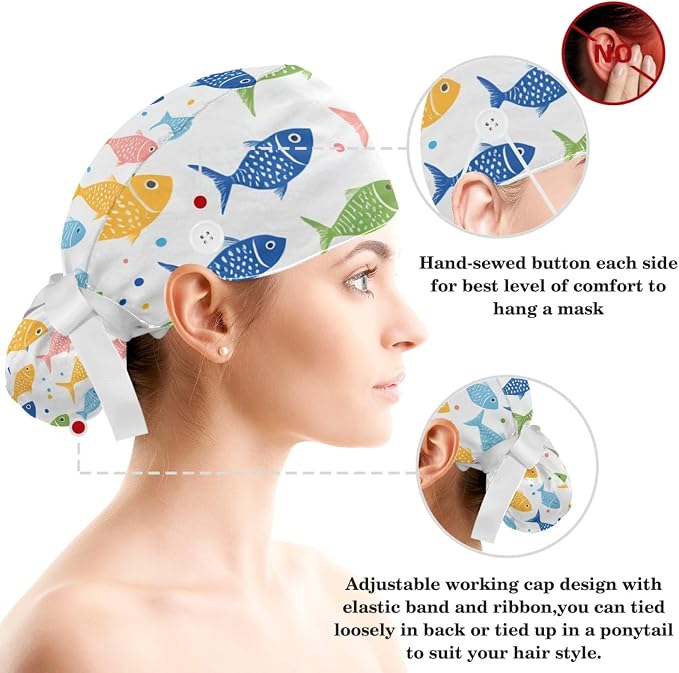 Scrub Caps Women Ponytail Cute Pink and White Leaves Caps Bouffant Working Hat - Image 3