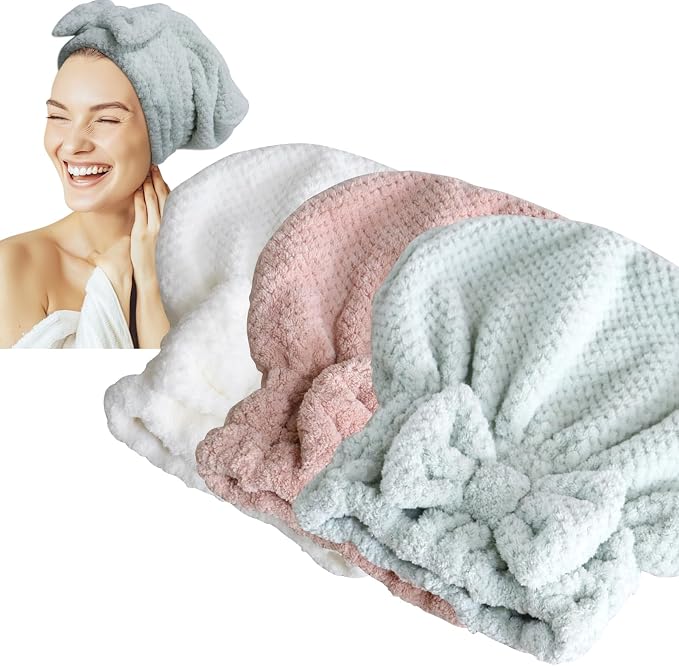 Jseng 3PC Microfiber Hair Towel Caps, Extreme Soft & Ultra Absorbent, Fast by Jseng
