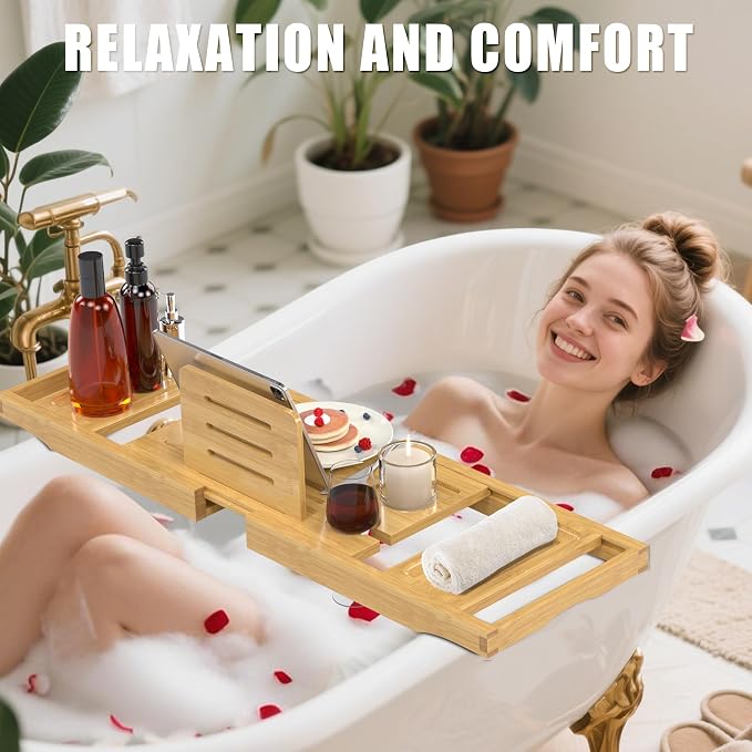 Bathtub Tray Caddy, Premium Bamboo Expandable Bath Tub Trays Table, Foldable - Image 4