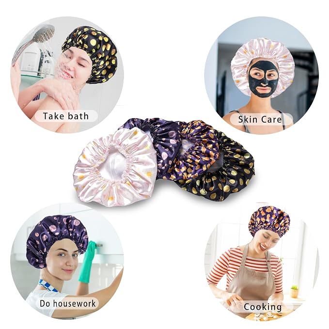 4 PCS Shower Cap for Women, Elastic and Reusable Bath Caps, Double Layers - Image 7