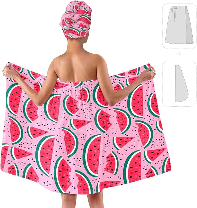 Watermelon Print Bath Wrap and Hair Drying Towel Set – Microfiber Quick Dry - Image 2