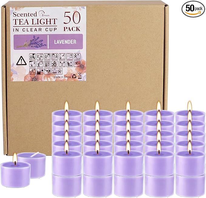 50 Pack Bulk Lavender Scented Tealight Candles in Clear Cup by Wfmolcand
