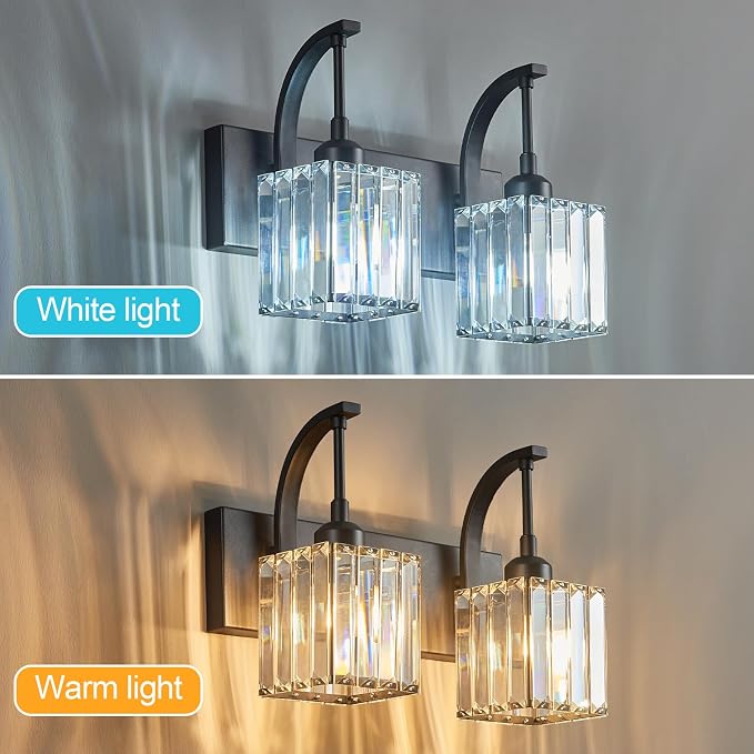 Crystal Vanity Lights 2-Light Black Wall Lamp Modern Crystal Bathroom Light - Image 2