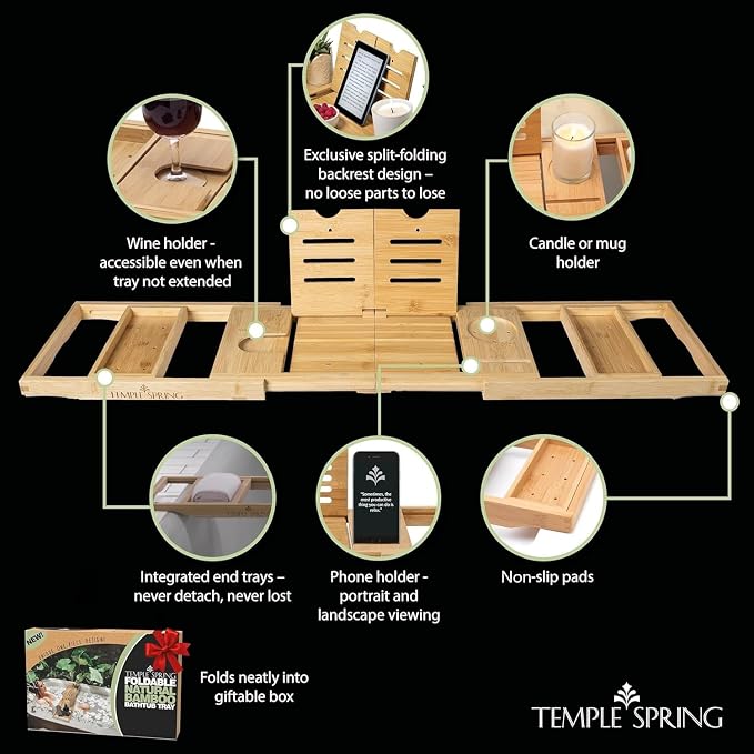 Temple Spring Foldable Bamboo Bathtub Tray Caddy - Image 5