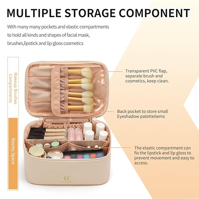 OCHEAL Beige Makeup Bag, Travel Makeup Organizer Bag, Large Capacity Cosmetic - Image 3