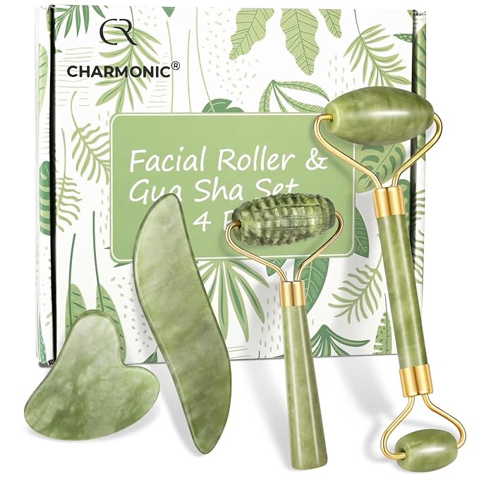 4-pcs Jade Roller & Gua Sha Set, Facial Roller Massager by Charmonic