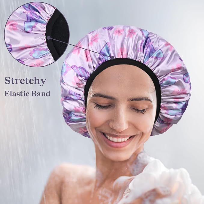 Purple Butterfly Print Satin Shower Cap, Three-Layer Terry Cloth Lined - Image 6